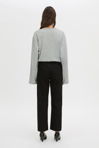 Back view CAMILLA AND MARC relaxed Peretti Long Sleeve Tee in grey marle with straddle-stitch seams.