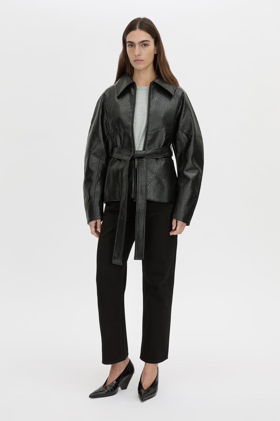 Front-styled view CAMILLA AND MARC relaxed Peretti Long Sleeve Tee in grey marle with straddle-stitch seams.