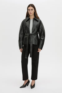 Front-styled view CAMILLA AND MARC relaxed Peretti Long Sleeve Tee in grey marle with straddle-stitch seams.