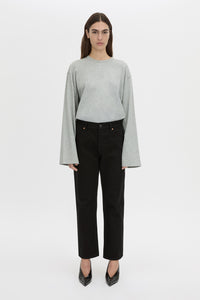 Front view CAMILLA AND MARC relaxed Peretti Long Sleeve Tee in grey marle with straddle-stitch seams.