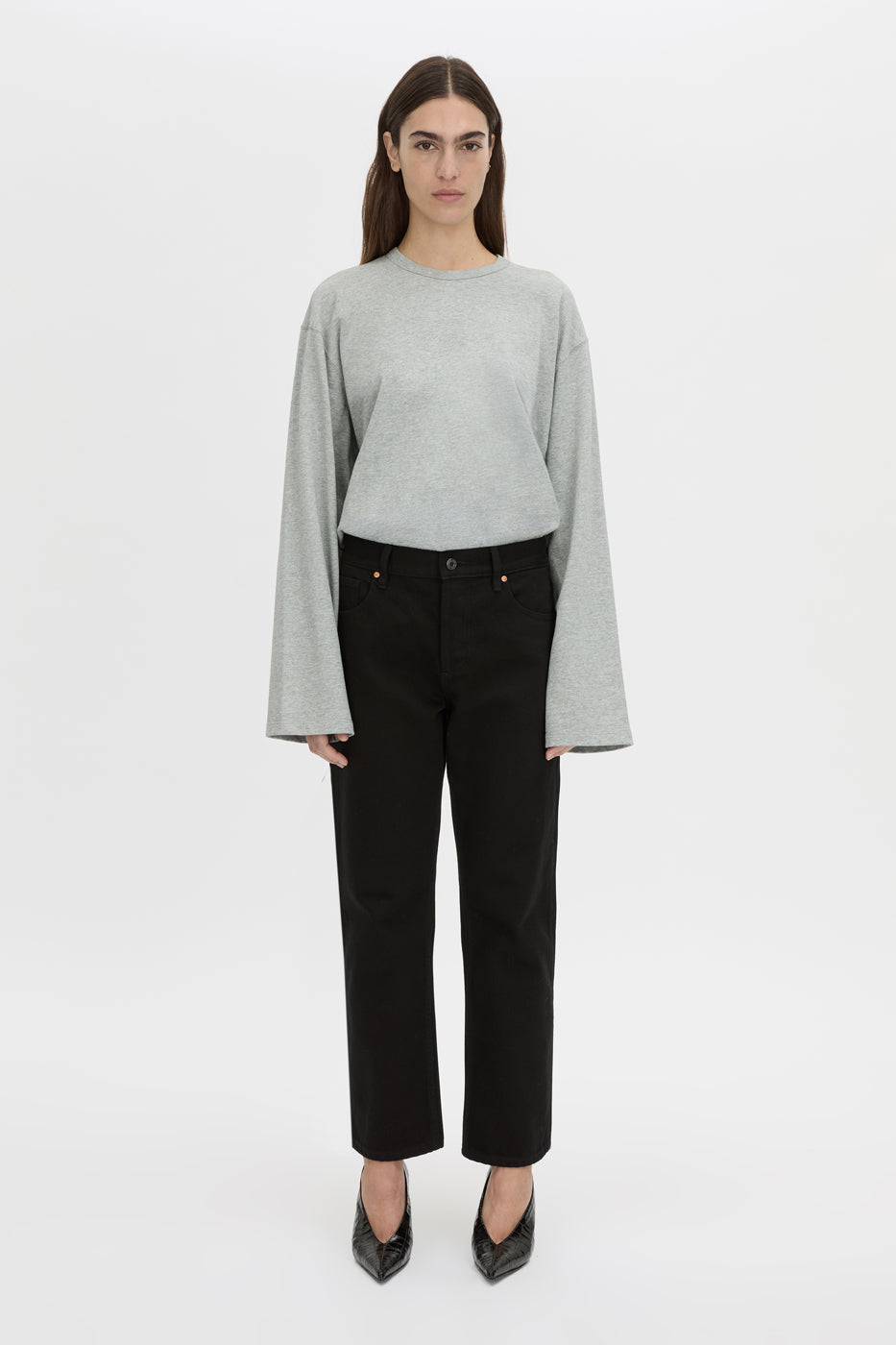 Front view CAMILLA AND MARC relaxed Peretti Long Sleeve Tee in grey marle with straddle-stitch seams.