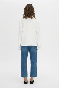 Back view CAMILLA AND MARC Peretti long sleeve tee in white with wide shaped sleeves.