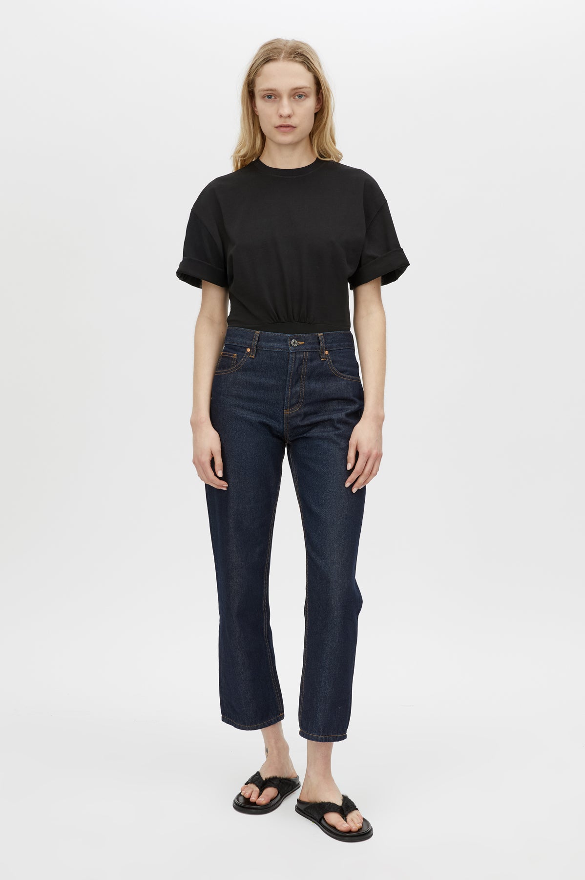 Front view CAMILLA AND MARC Peretti Bodysuit in Black with short sleeves and gathered waist.  