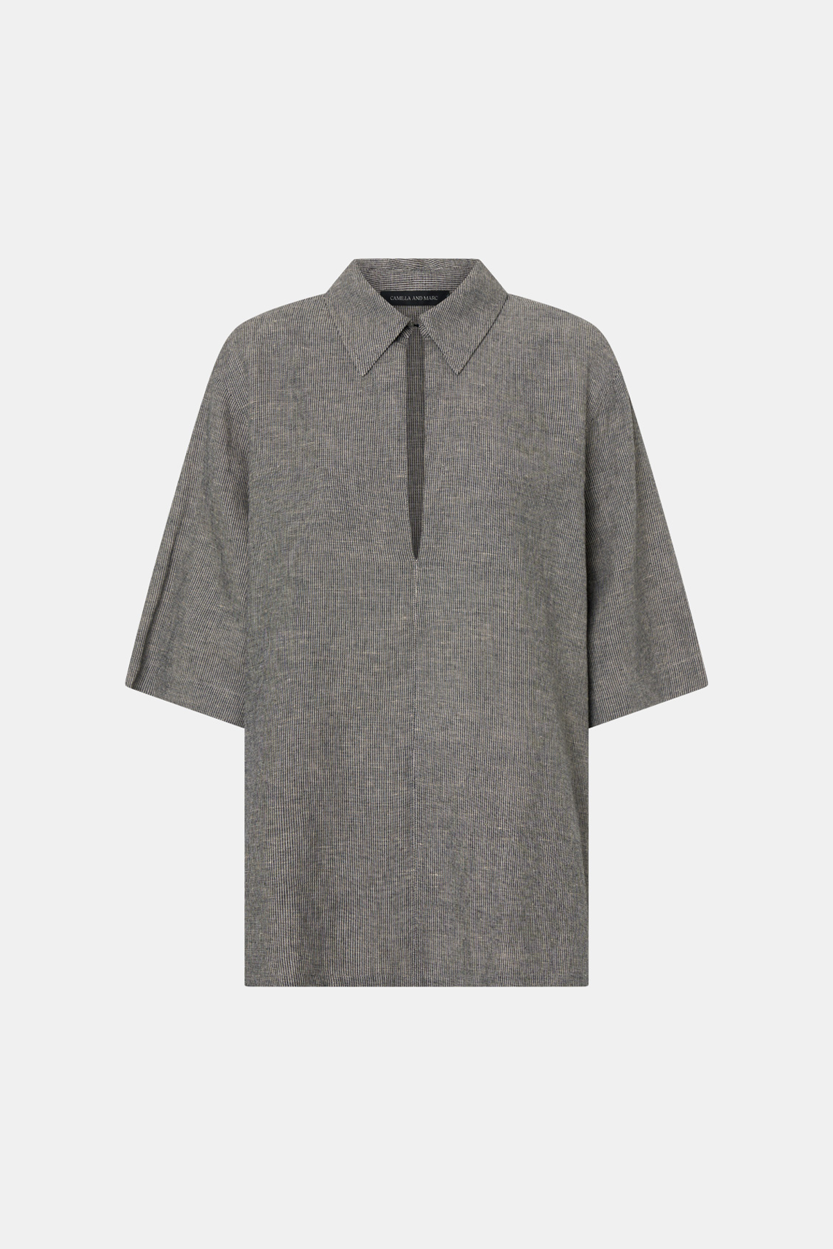 Ghost view CAMILLA AND MARC Phostre Stripe Linen Collared Top in black white with relaxed three‑quarter sleeves.