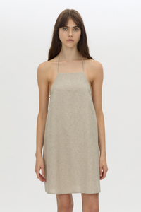 Cropped view CAMILLA AND MARC Phostre Halter Mini Dress in sand with a halter neckline.
