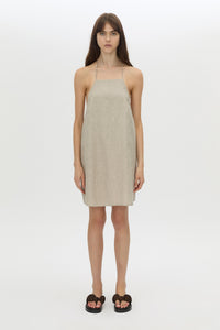 Front view CAMILLA AND MARC Phostre Halter Mini Dress in sand with a halter neckline.