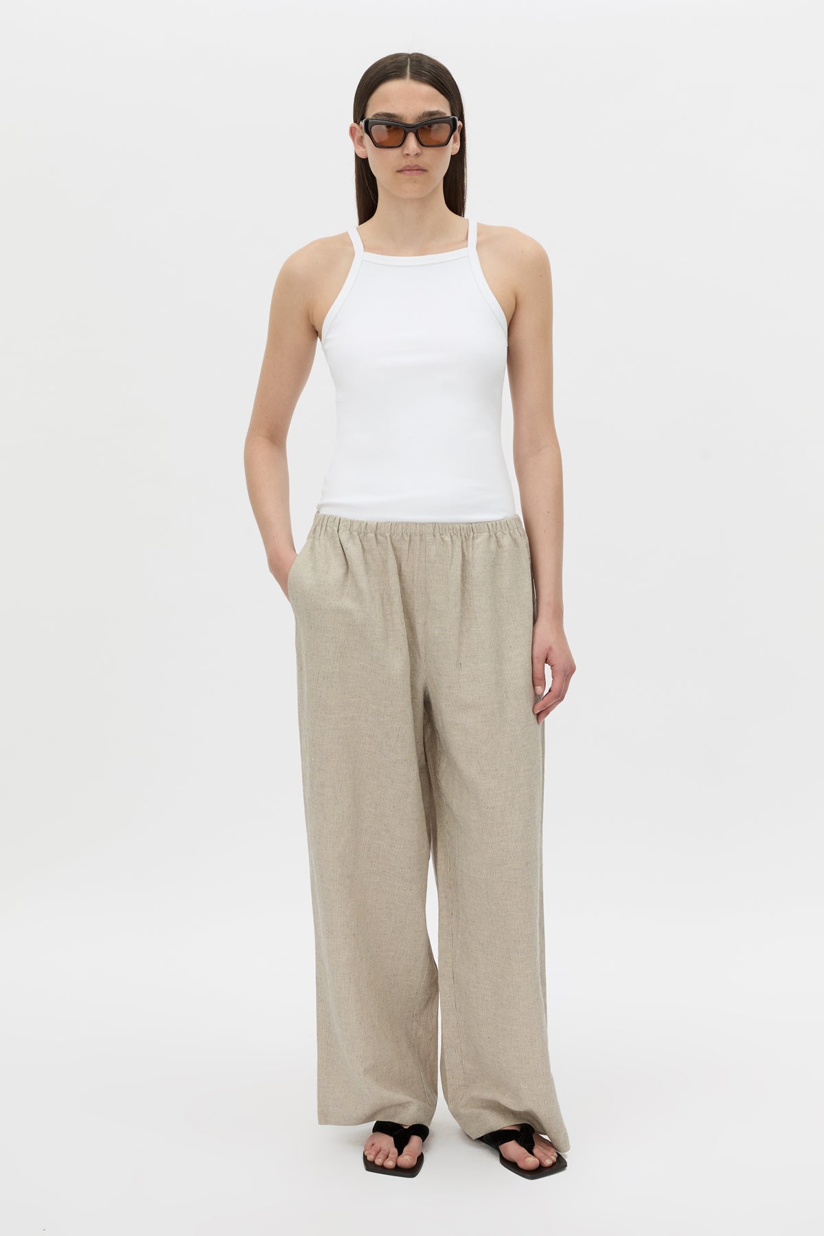 Front-styled view CAMILLA AND MARC wide-leg Phostre Relaxed Pant in sand with a mid‑rise fit.