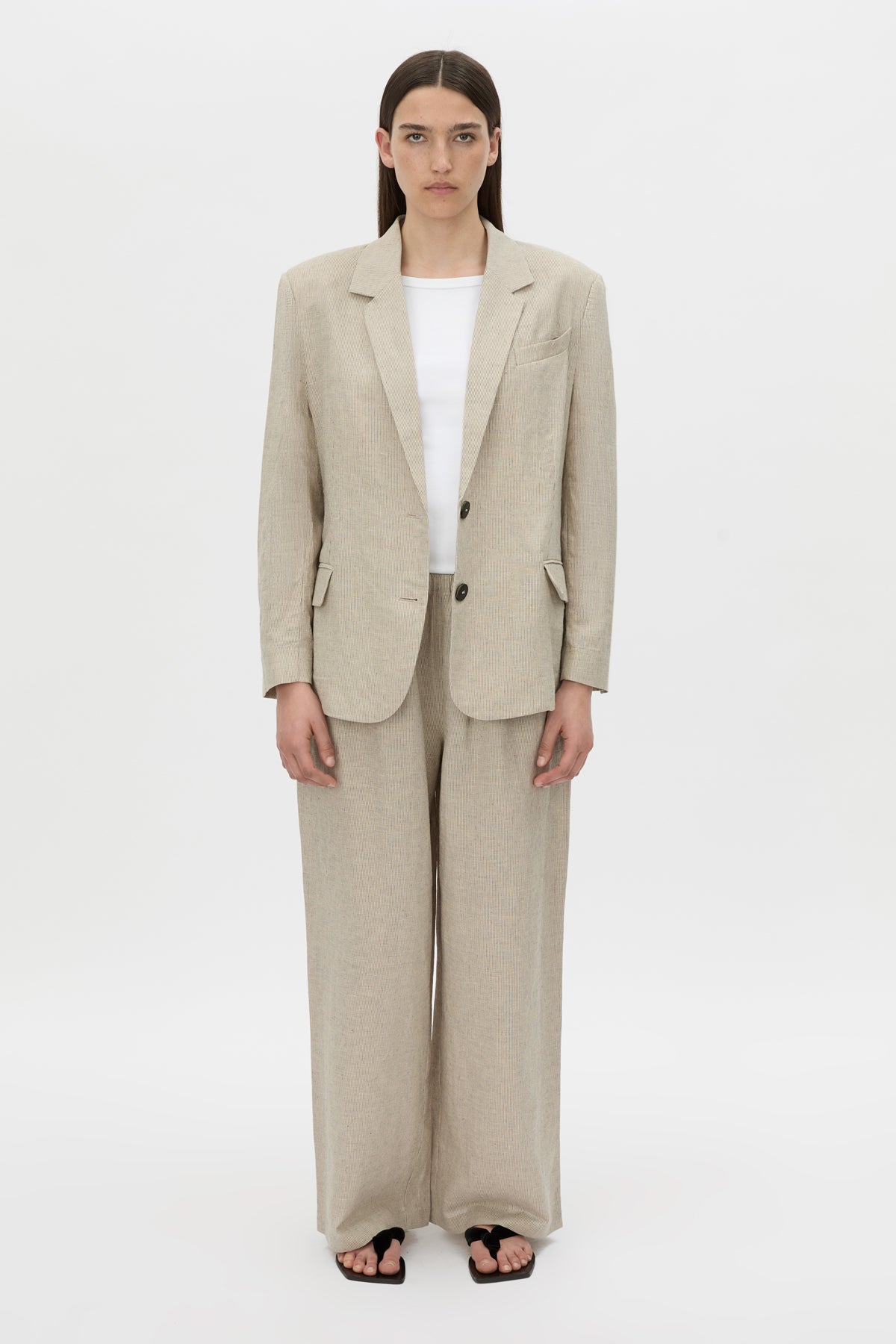 Styled view CAMILLA AND MARC wide-leg Phostre Relaxed Pant in sand with a mid‑rise fit.