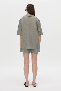 Back view CAMILLA AND MARC Phostre Stripe Linen Collared Top in black white with relaxed three‑quarter sleeves.