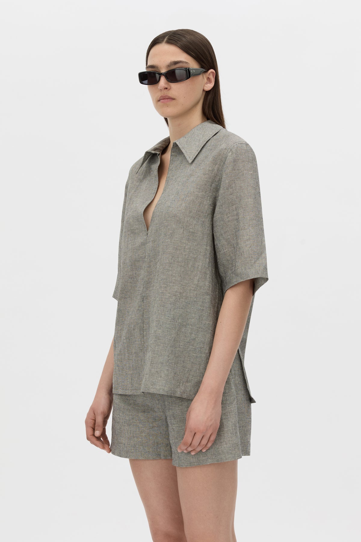 Cropped view CAMILLA AND MARC Phostre Stripe Linen Collared Top in black white with relaxed three‑quarter sleeves.