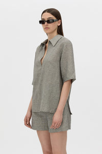 Cropped view CAMILLA AND MARC Phostre Stripe Linen Collared Top in black white with relaxed three‑quarter sleeves.