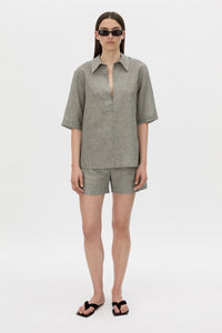 Front view CAMILLA AND MARC Phostre Stripe Linen Collared Top in black white with relaxed three‑quarter sleeves.