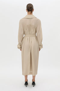 Back view CAMILLA AND MARC Pietro Full Length Sheer Trench in stone with raglan sleeves.