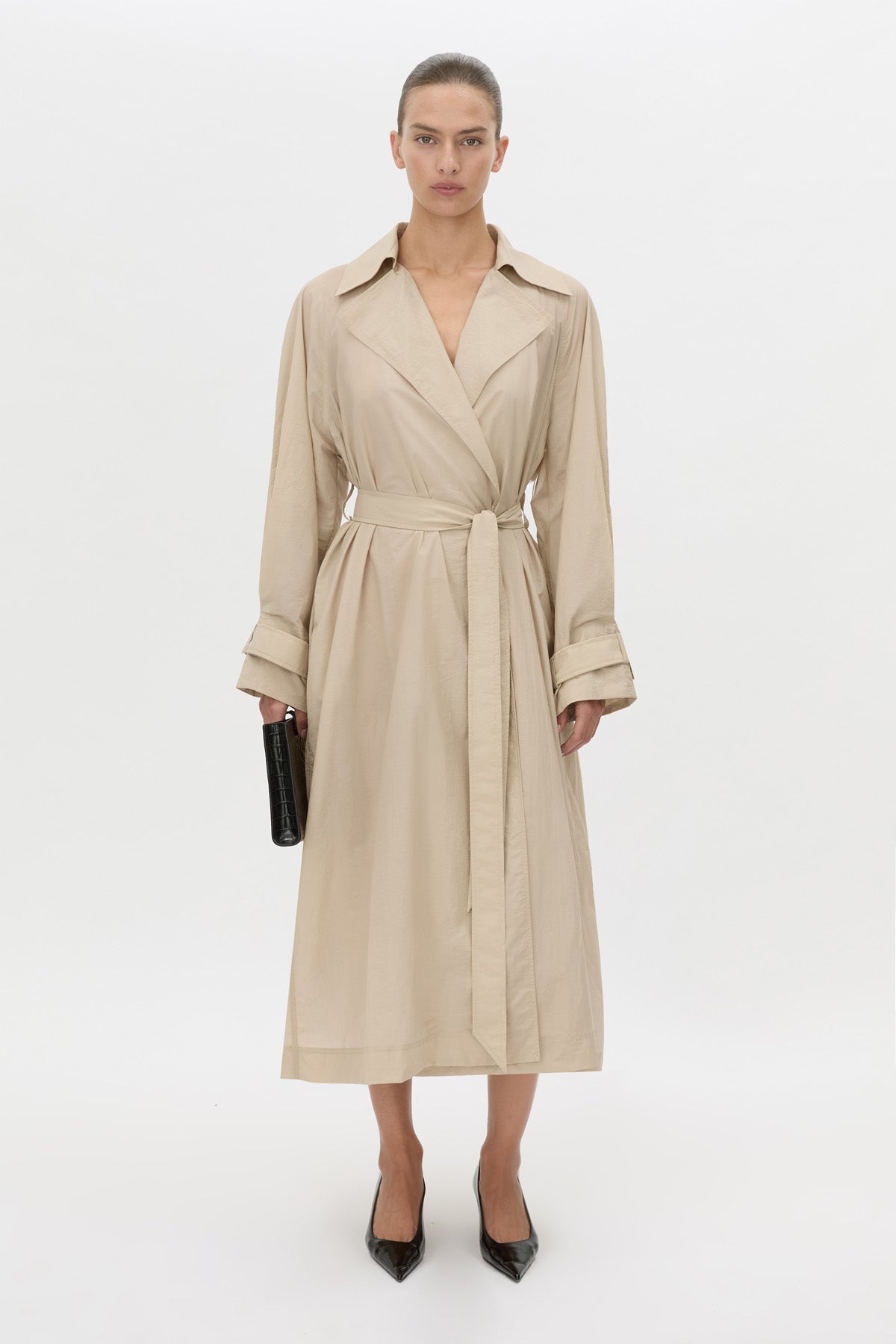 Front-styled view CAMILLA AND MARC Pietro Full Length Sheer Trench in stone with raglan sleeves.