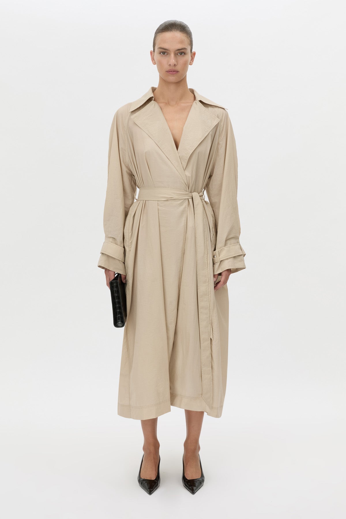 Front view CAMILLA AND MARC Pietro Full Length Sheer Trench in stone with raglan sleeves.