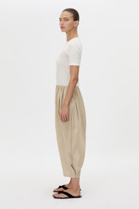 Side view CAMILLA AND MARC Pietro Gathered Wide Leg Pant in stone with a voluminous leg.