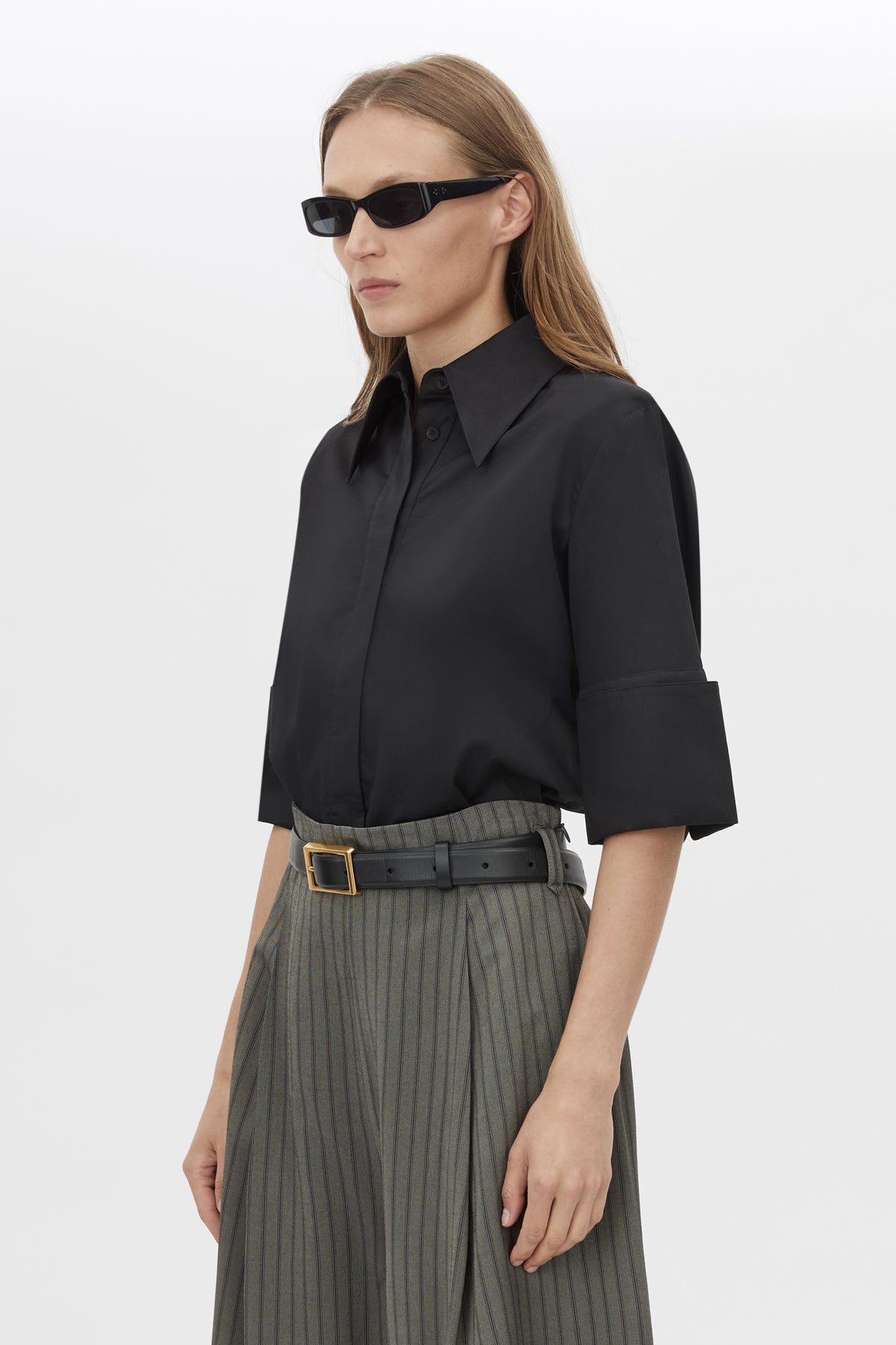 Cropped view CAMILLA AND MARC Pique Short Sleeve Shirt in Black with a boxy silhouette and French‑cuff sleeves.