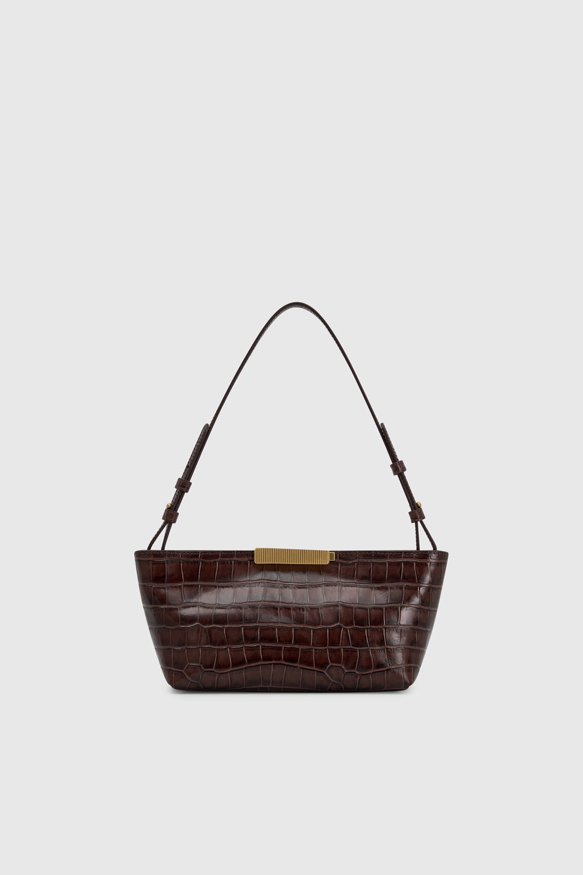 Front view CAMILLA AND MARC Poppy Mini Bag in brown croc embossed leather.