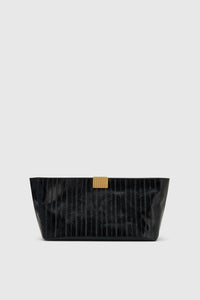 Front ghost view CAMILLA AND MARC Poppy Eel Clutch in Black eel‑embossed leather with ribbed gold hardware.