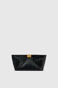 Front view CAMILLA AND MARC Poppy Eel Clutch in Black eel‑embossed leather with ribbed gold hardware.
