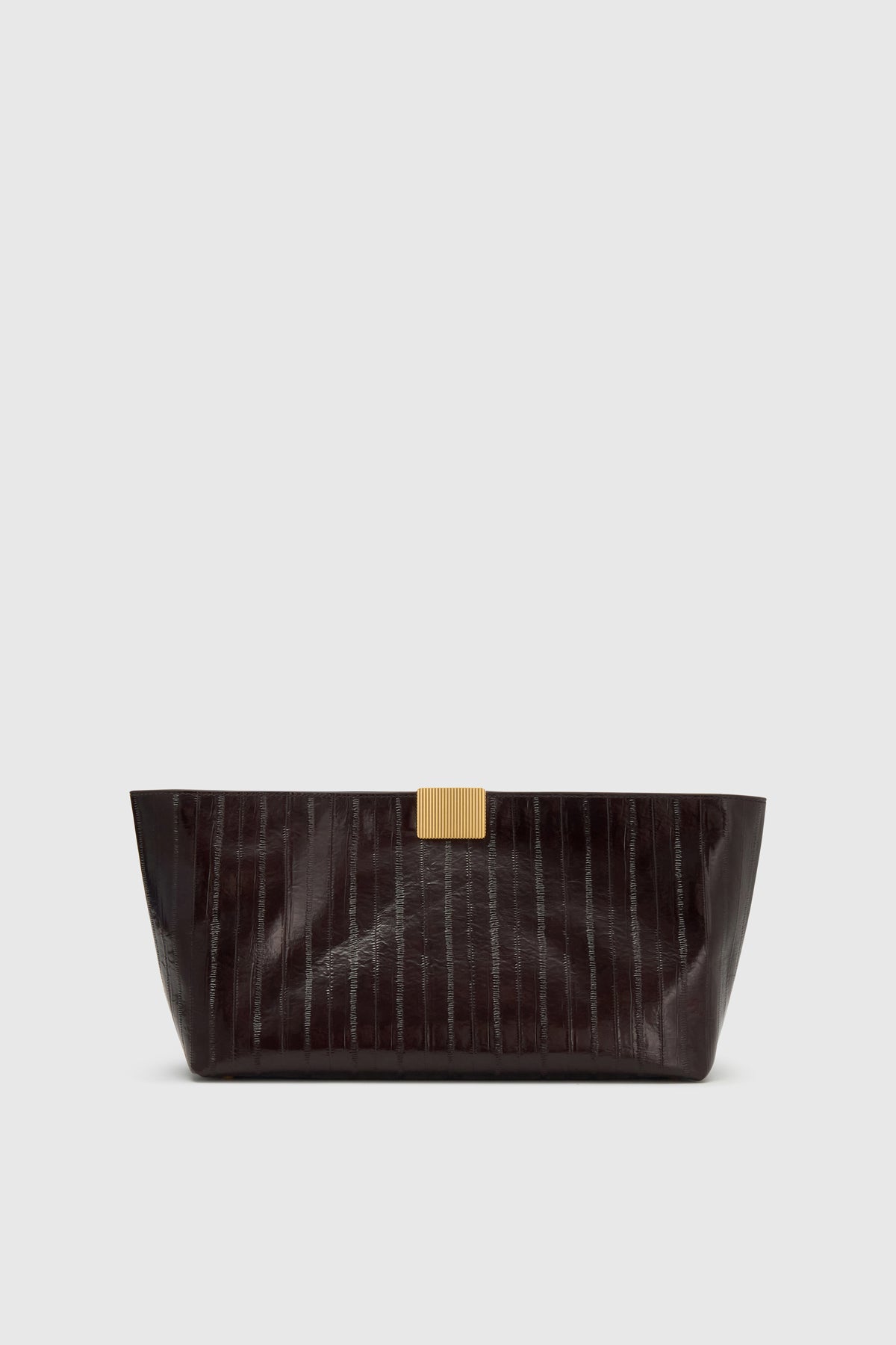 Front ghost view CAMILLA AND MARC Poppy Eel Clutch in Burgundy eel‑embossed leather with ribbed gold hardware.