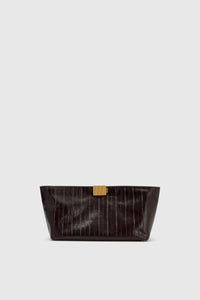 Front view CAMILLA AND MARC Poppy Eel Clutch in Burgundy eel‑embossed leather with ribbed gold hardware.