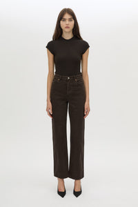 Front styled view CAMILLA AND MARC Raha crew neck rib bodysuit in espresso brown with cap sleeve and ribbed neckline.