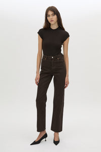 Front view CAMILLA AND MARC Raha crew neck rib bodysuit in espresso brown with cap sleeve and ribbed neckline.