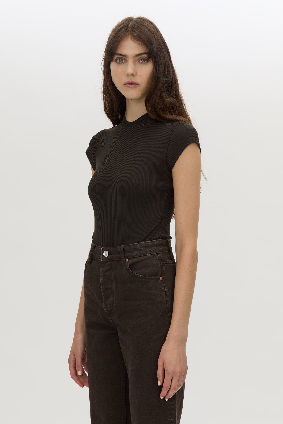 Cropped view CAMILLA AND MARC Raha crew neck rib bodysuit in espresso brown with cap sleeve and ribbed neckline.