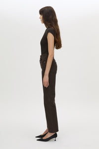 Side view CAMILLA AND MARC Raha crew neck rib bodysuit in espresso brown with cap sleeve and ribbed neckline.