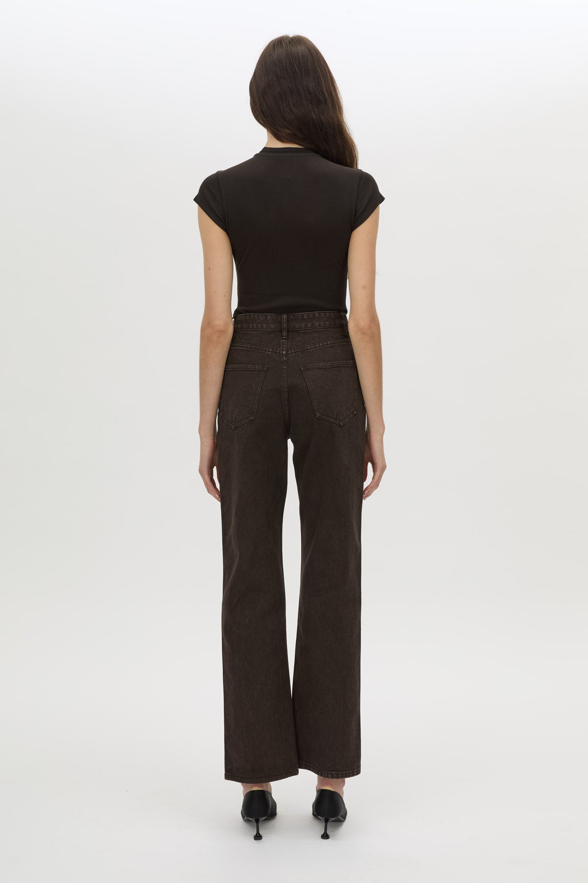 Back view CAMILLA AND MARC Raha crew neck rib bodysuit in espresso brown with cap sleeve and ribbed neckline.