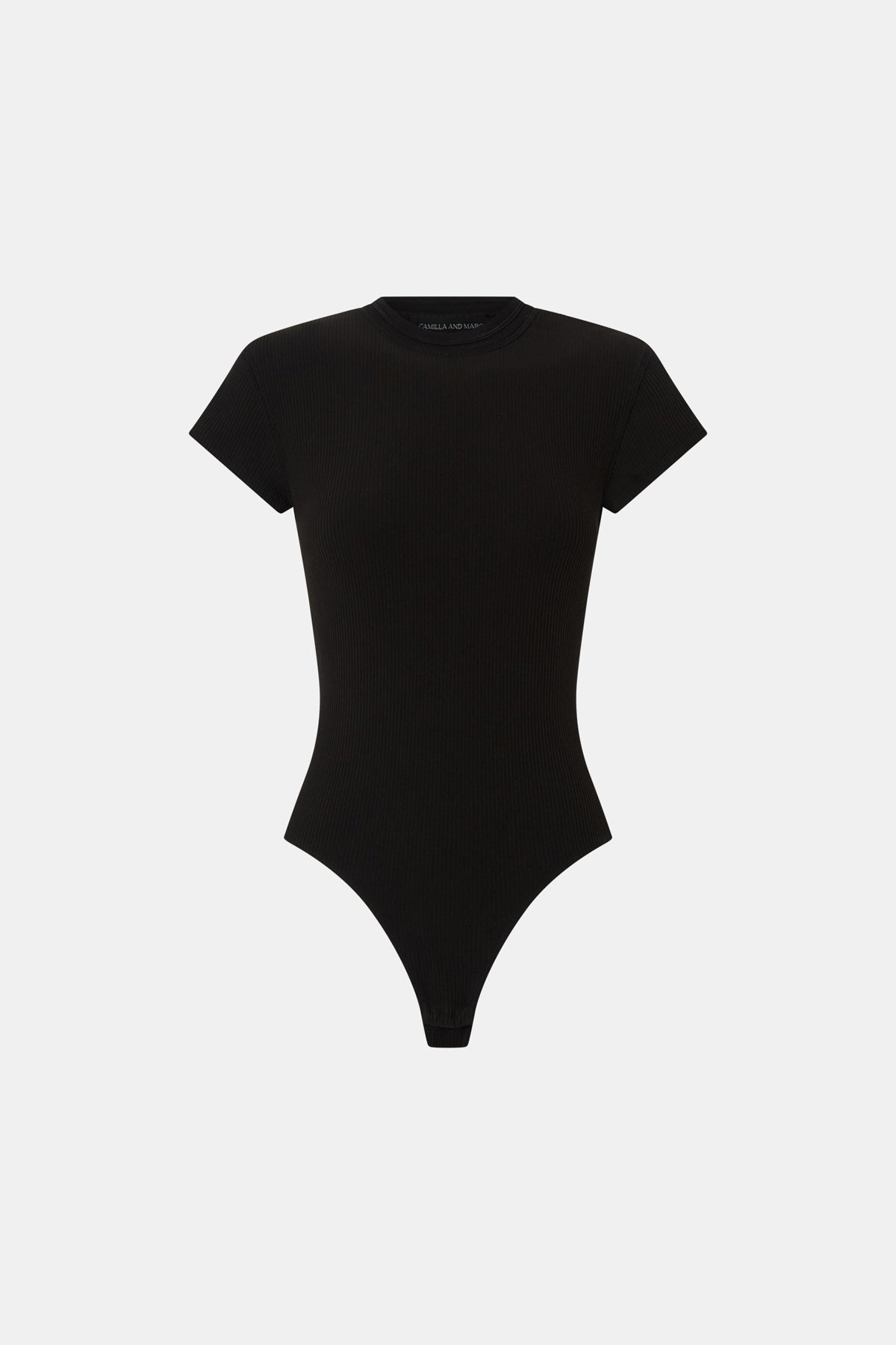 Ghost view CAMILLA AND MARC Raha crew neck rib bodysuit in espresso brown with cap sleeve and ribbed neckline.
