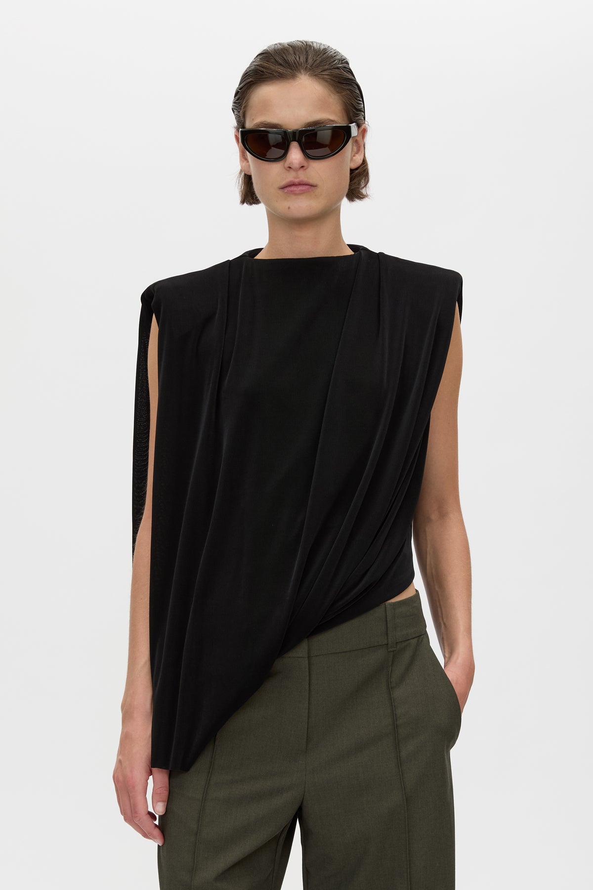 Cropped view CAMILLA AND MARC Ravine Draped Top in Black with asymmetric silhouette.