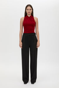 Front styled view CAMILLA AND MARC Ravine Bodysuit in Cherry Red with cross‑over neckline silhouette. 