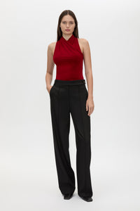 Front view CAMILLA AND MARC Ravine Bodysuit in Cherry Red with cross‑over neckline silhouette. 