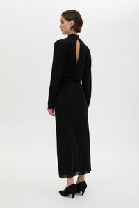 Back view CAMILLA AND MARC Ravine Midi Dress in Black with asymmetric draped neckline.