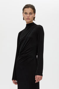 Cropped view CAMILLA AND MARC Ravine Midi Dress in Black with asymmetric draped neckline.