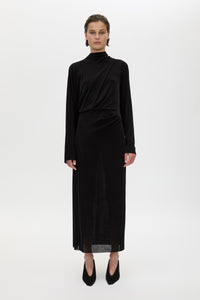 Front styled view CAMILLA AND MARC Ravine Midi Dress in Black with asymmetric draped neckline.