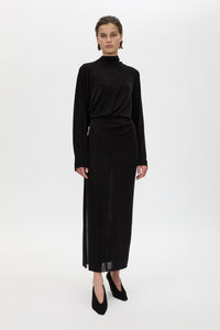 Front view CAMILLA AND MARC Ravine Midi Dress in Black with asymmetric draped neckline.