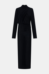 Ghost view CAMILLA AND MARC Ravine Midi Dress in Black with asymmetric draped neckline.