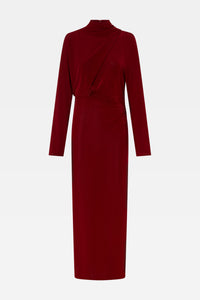 Ghost view CAMILLA AND MARC Ravine Midi Dress in Cherry Red with asymmetric draped neckline.