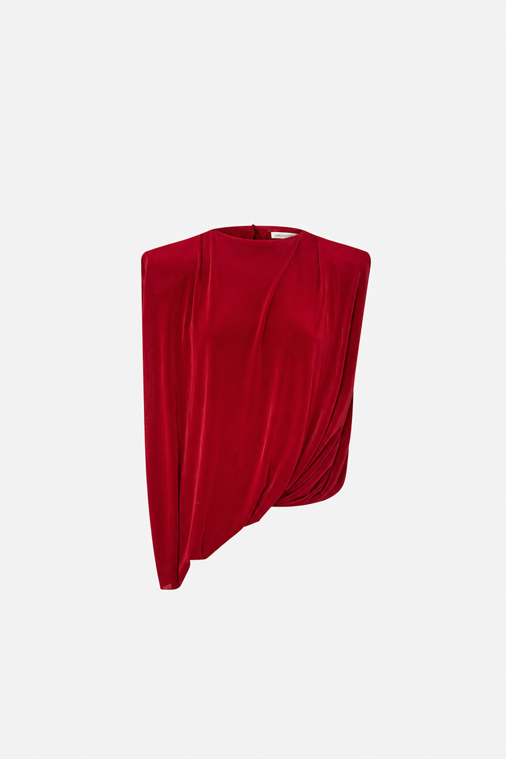 Ghost view CAMILLA AND MARC asymmetric Ravine Draped Top in cherry red with an open side seam.