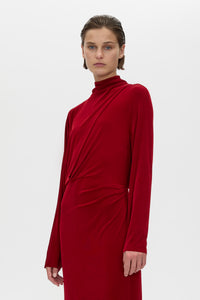 Cropped view CAMILLA AND MARC Ravine Midi Dress in Cherry Red with asymmetric draped neckline.