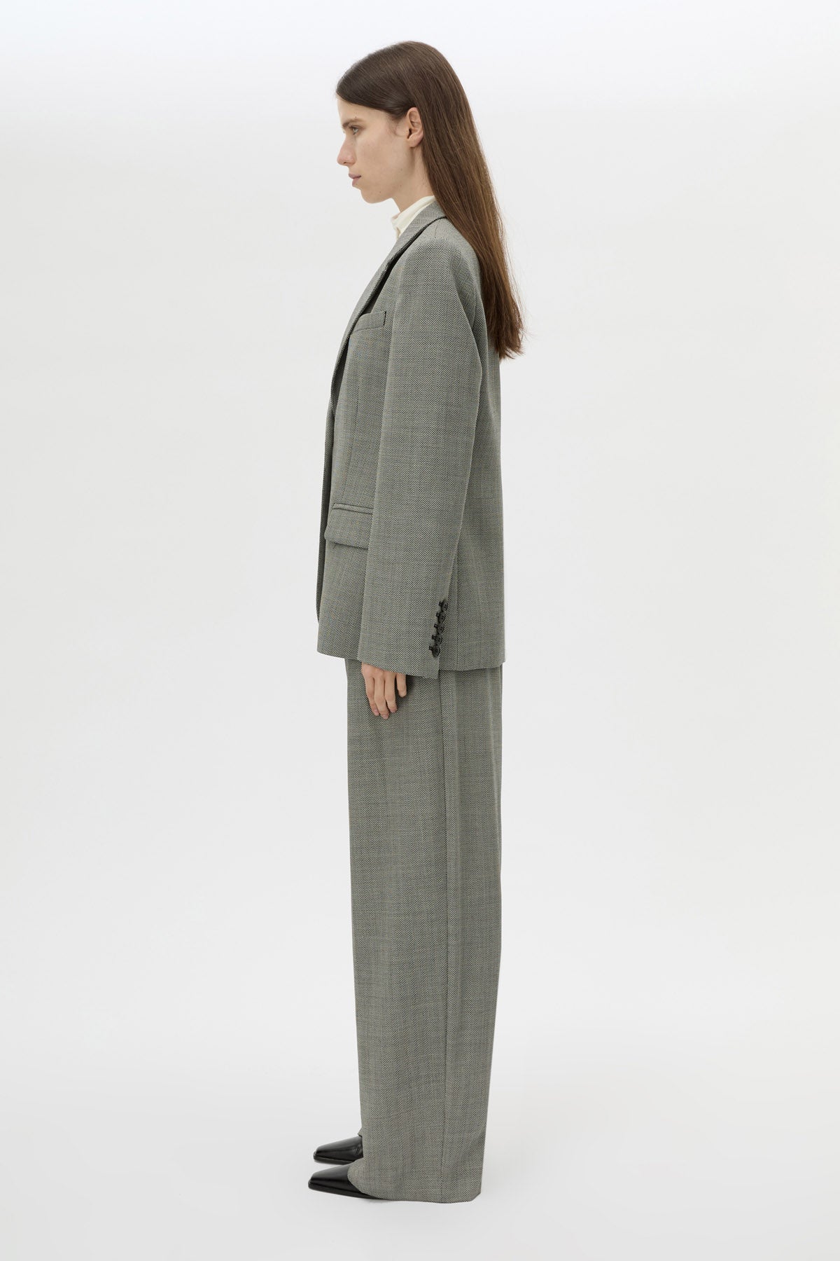 Side view CAMILLA AND MARC Ren Single Breasted Blazer in Charcoal Herringbone featuring 100% Australian Wool.