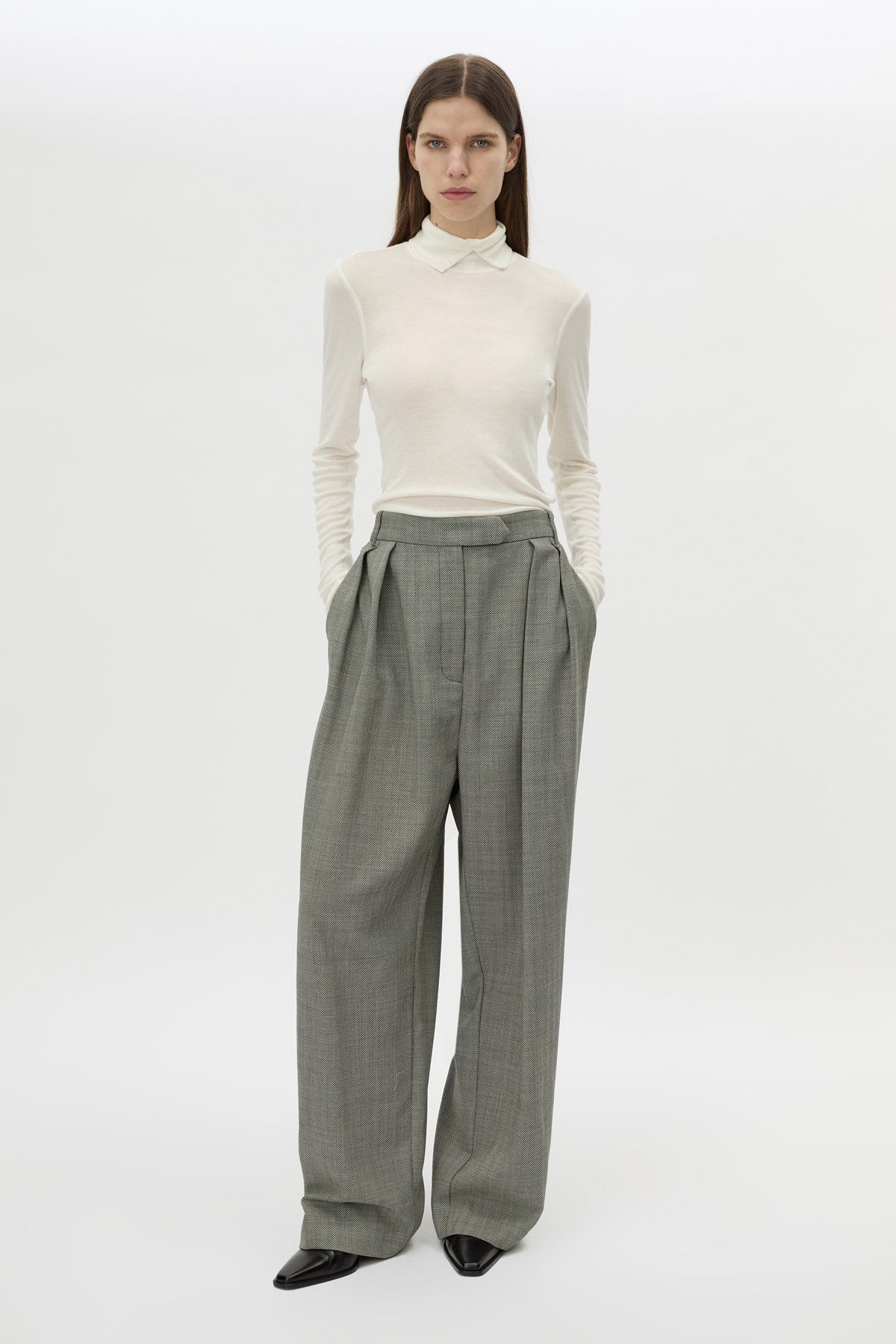 Front view CAMILLA AND MARC Ren Pant in Charcoal Herringbone styled with the Barre High Neck Top.