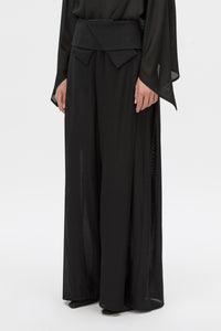 Cropped view CAMILLA AND MARC Rene Wide-Leg Pant in black with a removable folded belt and georgette shorts.