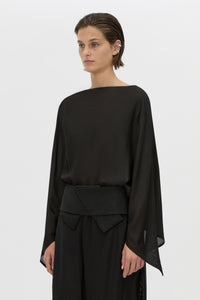 Cropped view CAMILLA AND MARC long-sleeve Rene Draped Top in black with a boat neckline.