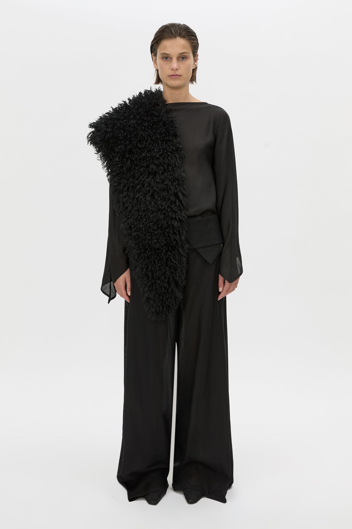 Front view CAMILLA AND MARC long-sleeve Rene Draped Top in black with a boat neckline.