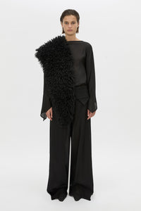 Front view CAMILLA AND MARC long-sleeve Rene Draped Top in black with a boat neckline.