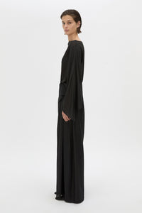 Side view CAMILLA AND MARC Rene Wide-Leg Pant in black with a removable folded belt and georgette shorts.